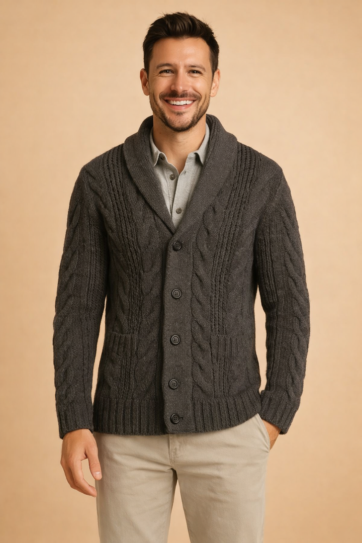 Men's sophisticated button-front cardigan with elegant shawl collar for smart casual and office wear.