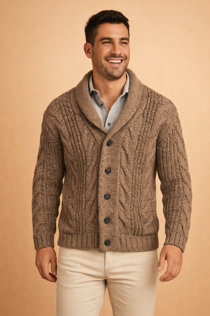 Comfortable men's knit cardigan, buttoned, ideal outerwear for cool weather, everyday or work.