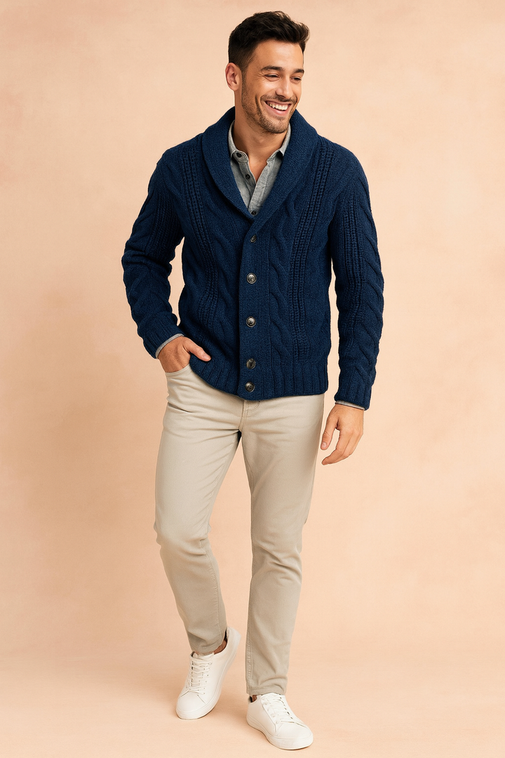 Stylish men's knit cardigan for layering, button-up front, perfect for a smart casual or office look.