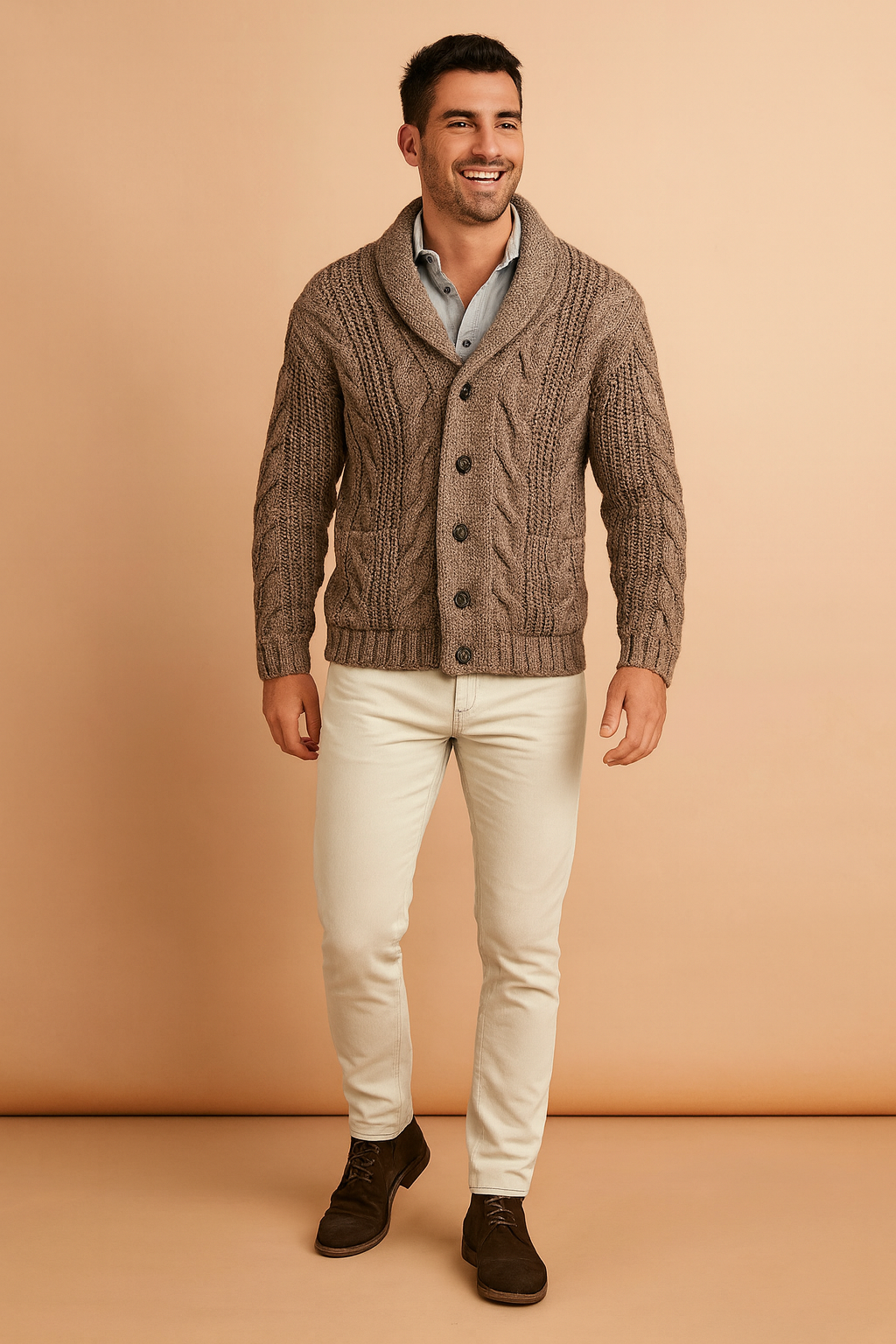 Men's button-front knit cardigan with shawl collar, versatile for casual and office, warm layering piece.