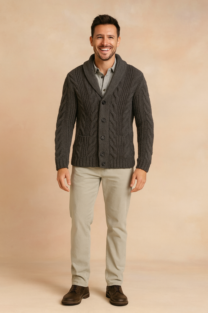 Modern men's button cardigan knitwear, perfect for office wear or stylish everyday layering, comfortable fit.