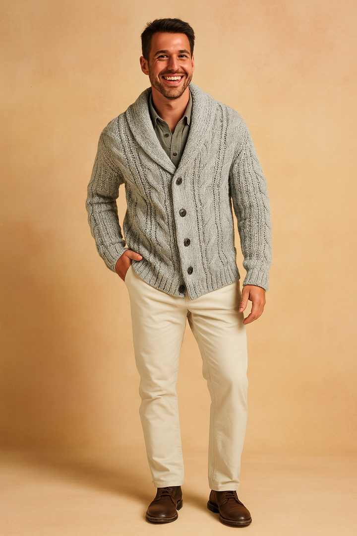 Versatile men's button-front knit cardigan, warm shawl collar, ideal for casual layering & professional office wear.