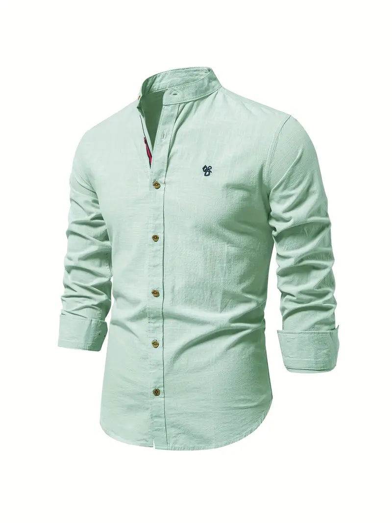 Menswear fashion: Stylish long-sleeve button-up shirt for men, ideal for spring's casual or formal occasions.