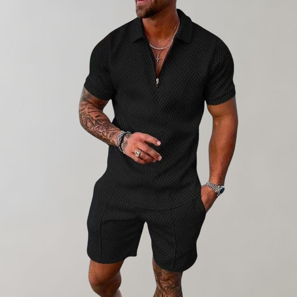 Men's stylish polo and shorts summer outfit set in a relaxed fit. Ideal for casual wear, vacation, and leisure.