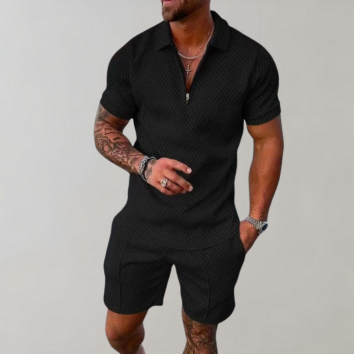 Men's stylish polo and shorts summer outfit set in a relaxed fit. Ideal for casual wear, vacation, and leisure.