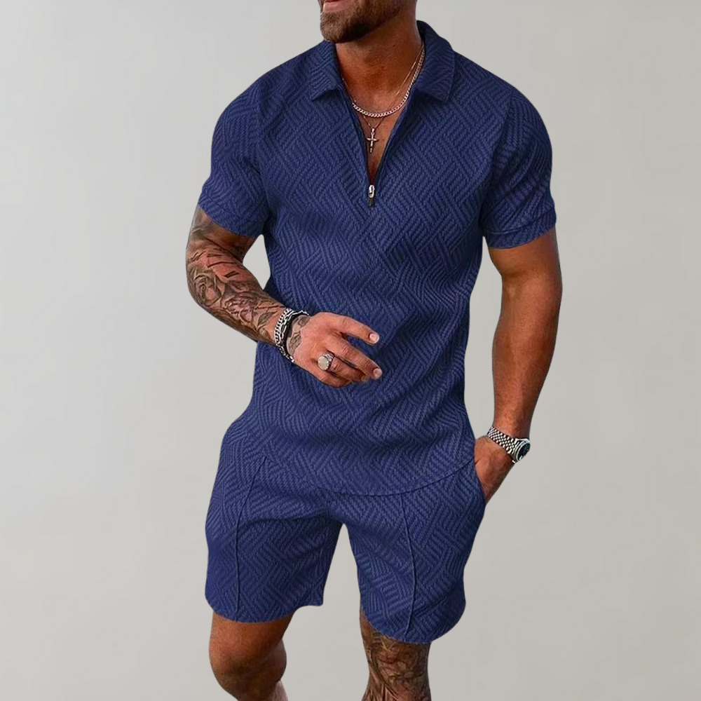 Men's stylish summer polo & shorts set for vacation and leisure. A comfortable, smart casual two-piece outfit.