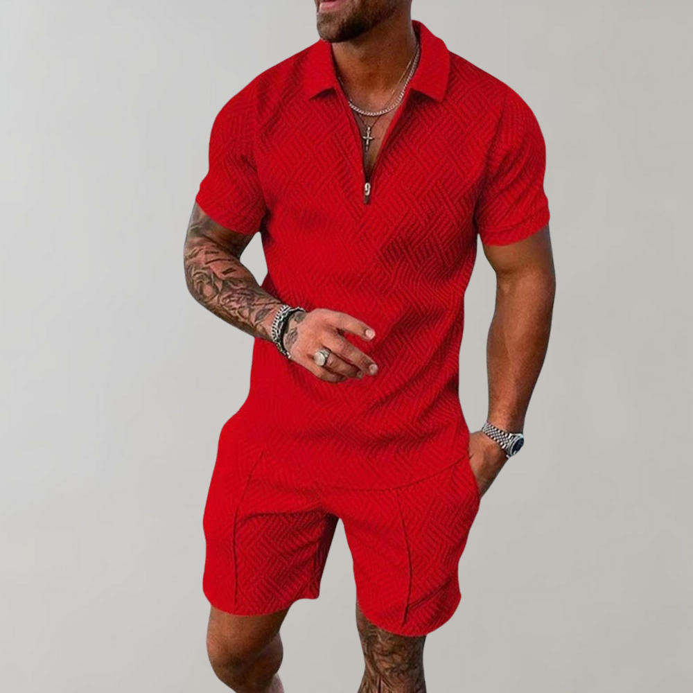 Modern men's casual polo & shorts outfit. This comfortable summer set is perfect for relaxed fashion and outings.