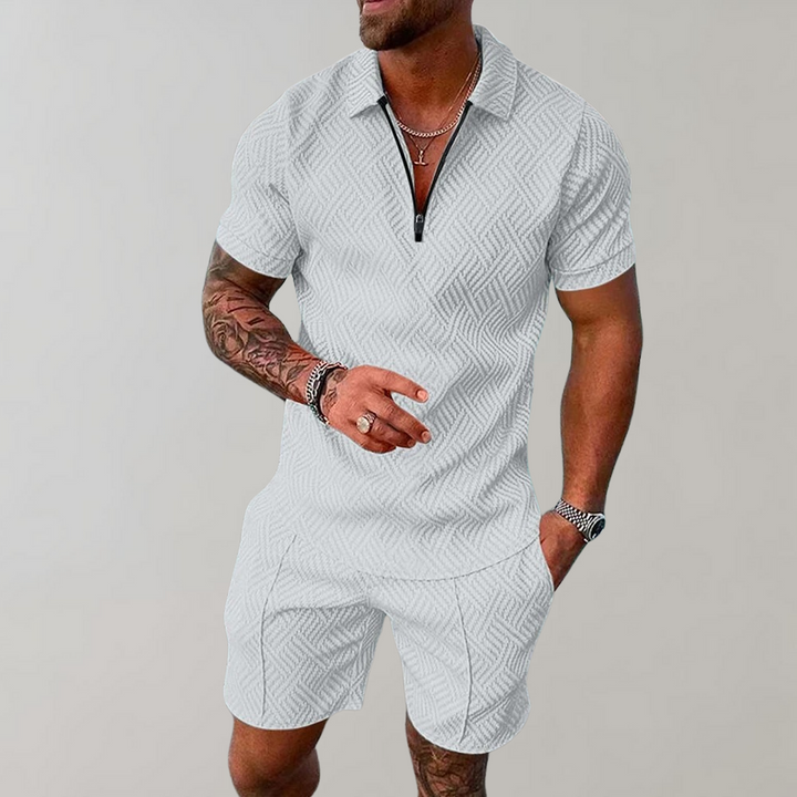 Versatile men's summer outfit: stylish polo shirt and comfortable shorts. Great for leisure, travel, or everyday wear.