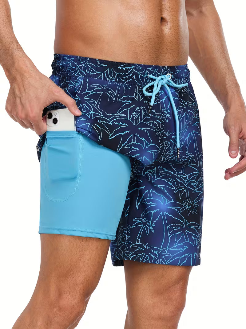 Men's stylish printed swim shorts with drawstring, perfect beachwear for summer vacation.