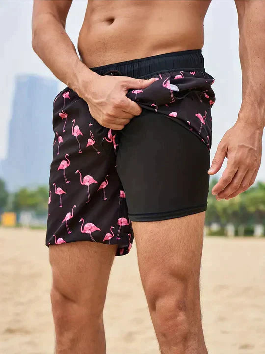 Comfortable men's printed swim shorts, ideal drawstring beachwear for pool or resort.