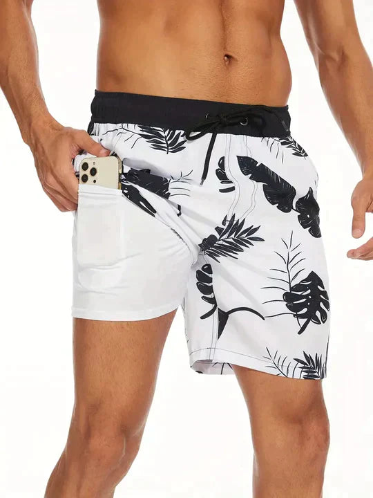 Vibrant men's printed swim shorts, fashionable drawstring beachwear for summer holidays & resort wear.