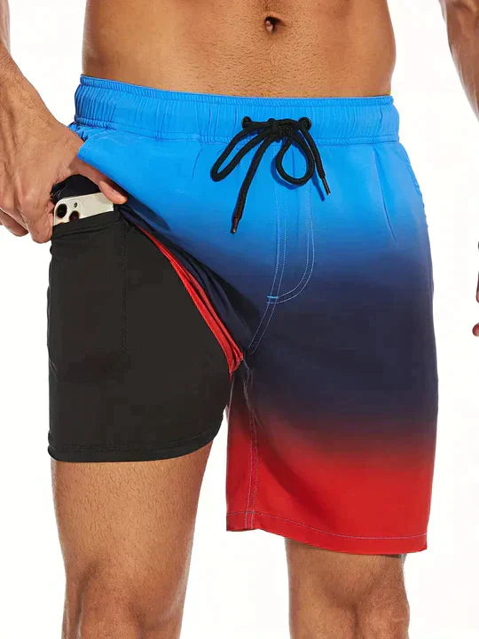 Quick-dry men's printed swim shorts with adjustable drawstring, essential stylish beachwear.