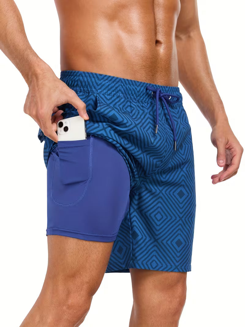 Men's printed drawstring swim shorts, essential resort wear and stylish casual summer fashion.