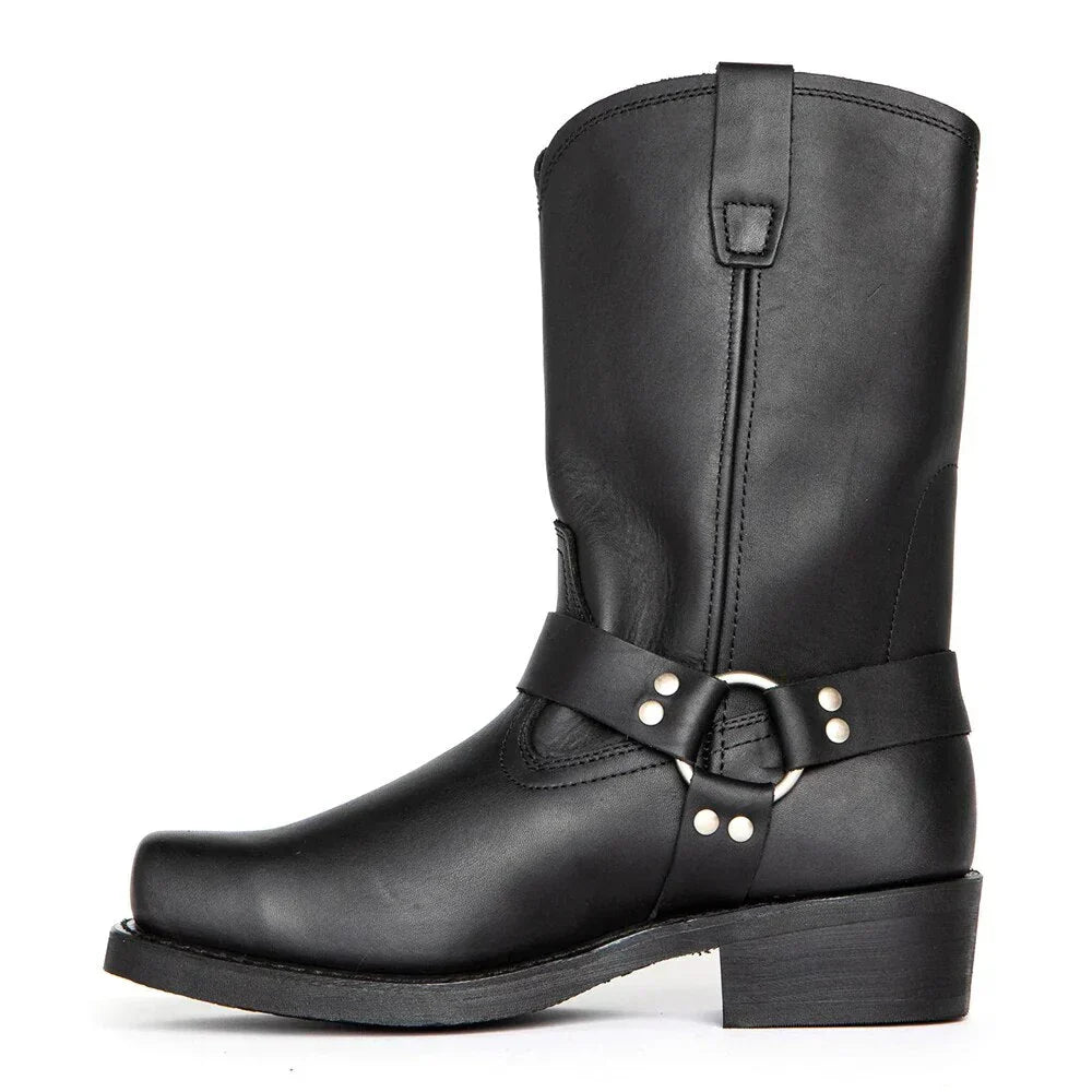 Classic men's pull-on cowboy boots, waterproof and slip-resistant. Durable Western footwear for equestrian & outdoor use.