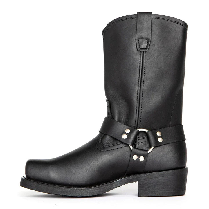 Classic men's pull-on cowboy boots, waterproof and slip-resistant. Durable Western footwear for equestrian & outdoor use.