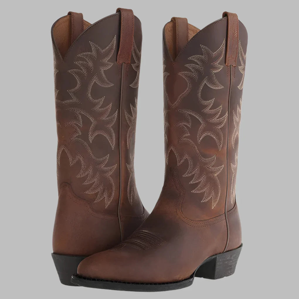 Men's stylish western cowboy ankle boots in a rugged brown leather finish, perfect for everyday casual wear.