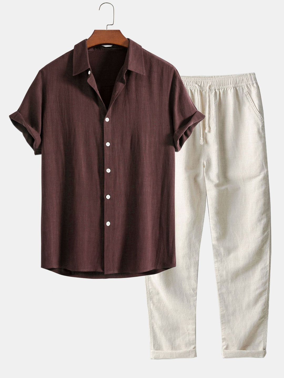 Stylish men's two-piece outfit: relaxed shirt and matching shorts, ideal for summer casual wear.