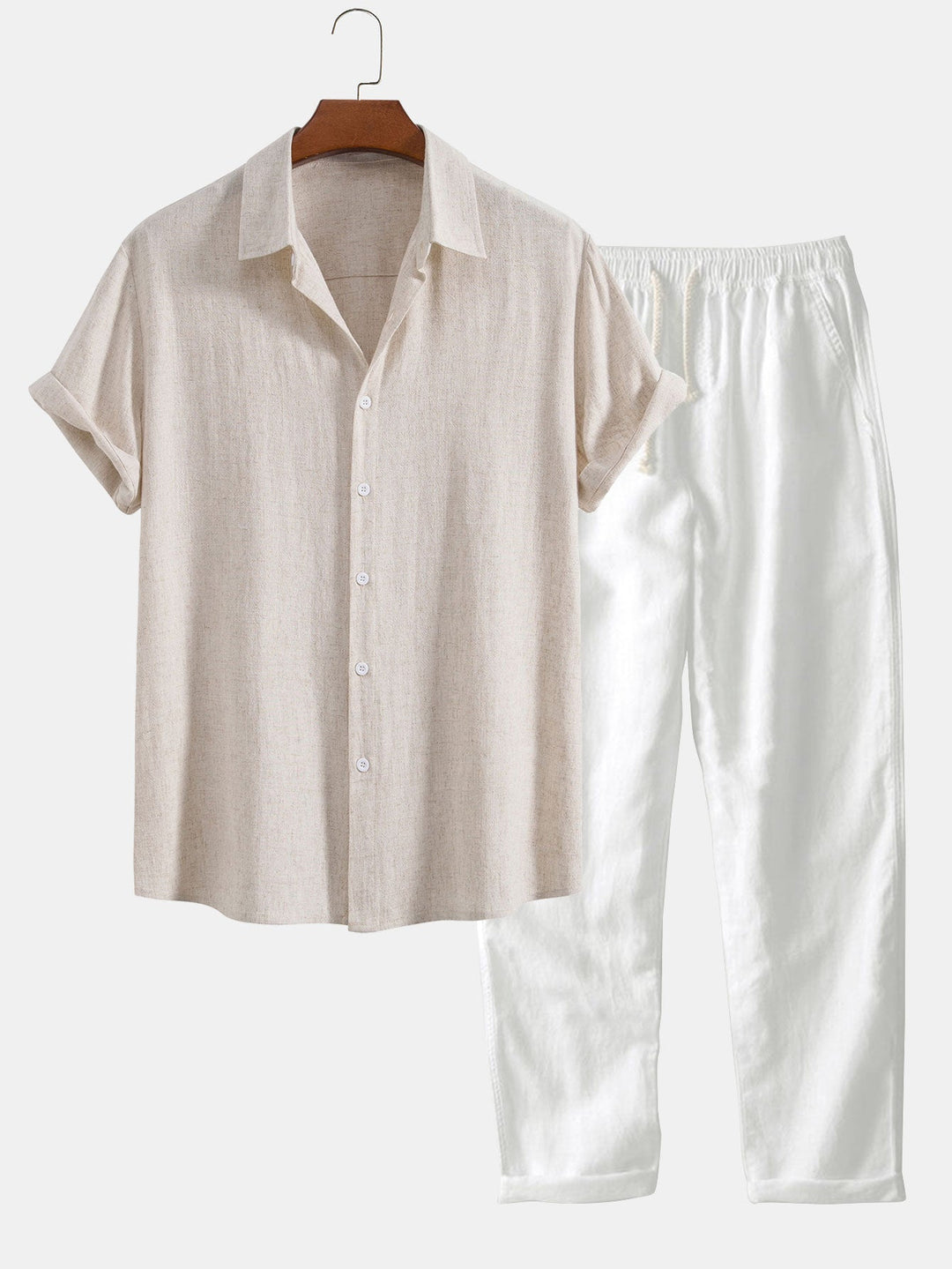 Comfortable men's vacation outfit. Relaxed fit shirt & shorts set for beachwear and resort style.