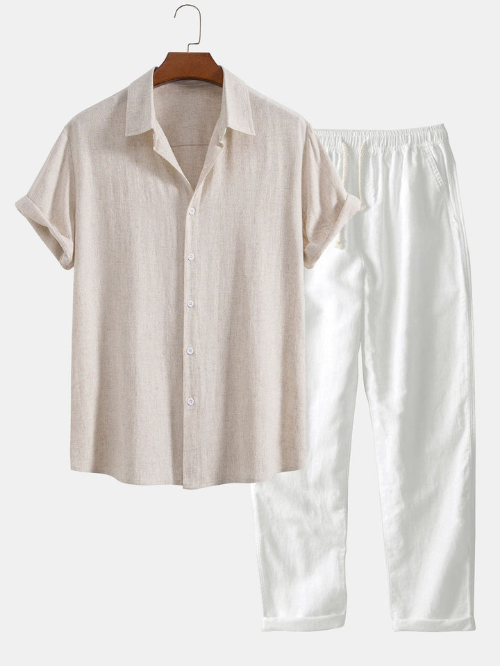 Comfortable men's vacation outfit. Relaxed fit shirt & shorts set for beachwear and resort style.