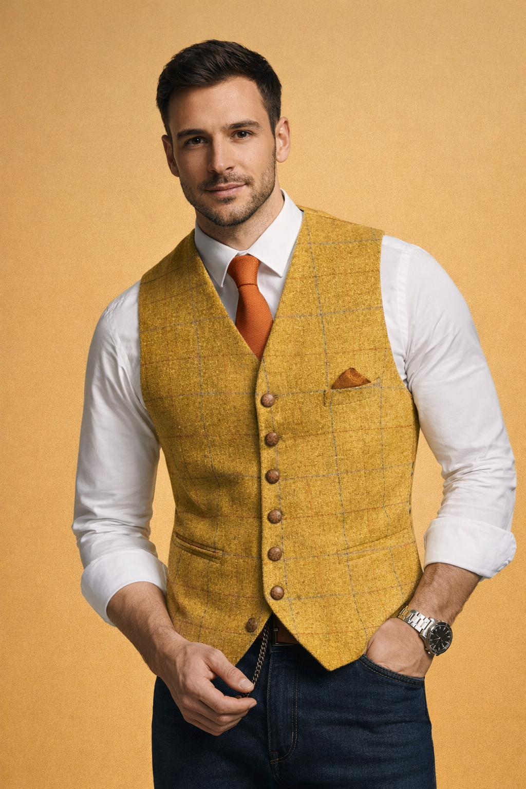 Classic men's tailored fit vest, button-front design for a vintage-inspired formal or smart casual layered look.