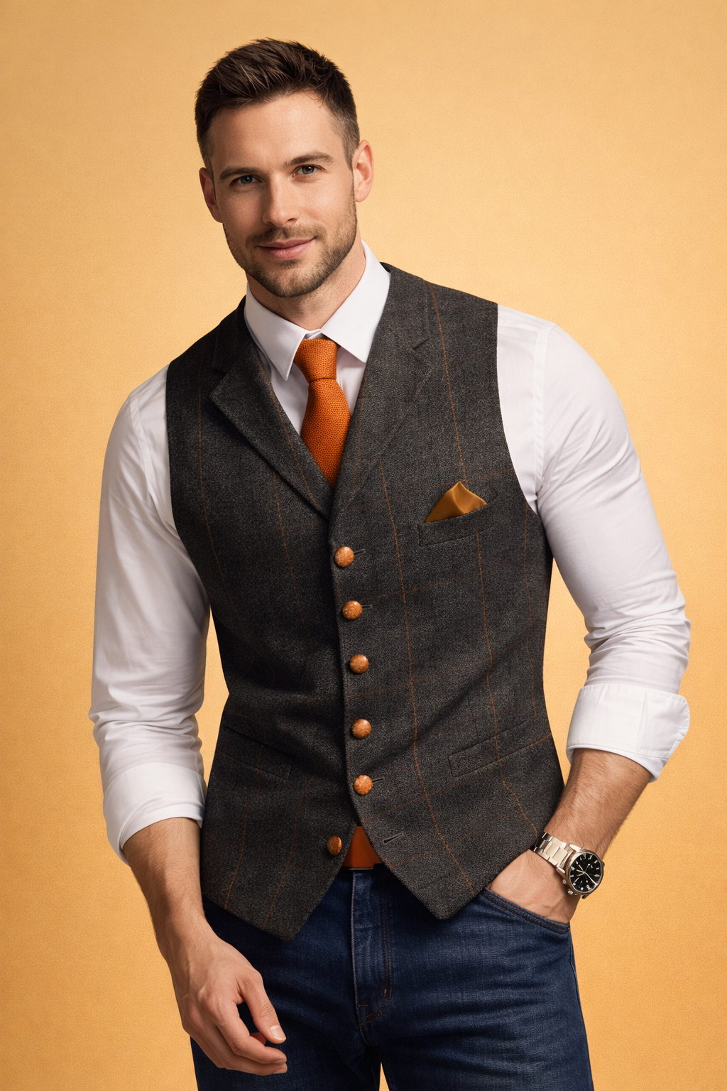 Stylish men's knitwear waistcoat vest, tailored fit & button front, essential for formal and smart casual menswear.