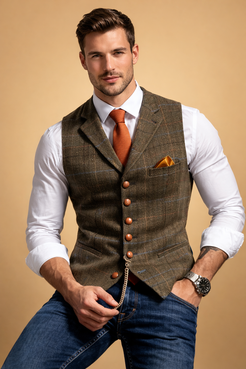 Men's tailored fit button-front formal waistcoat vest. Classic menswear for weddings, business, or smart casual.