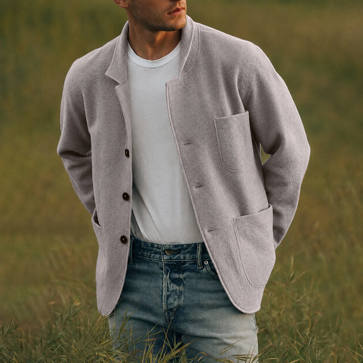 Men's textured button-up cardigan with a stylish notched lapel and practical patch pockets for casual wear.