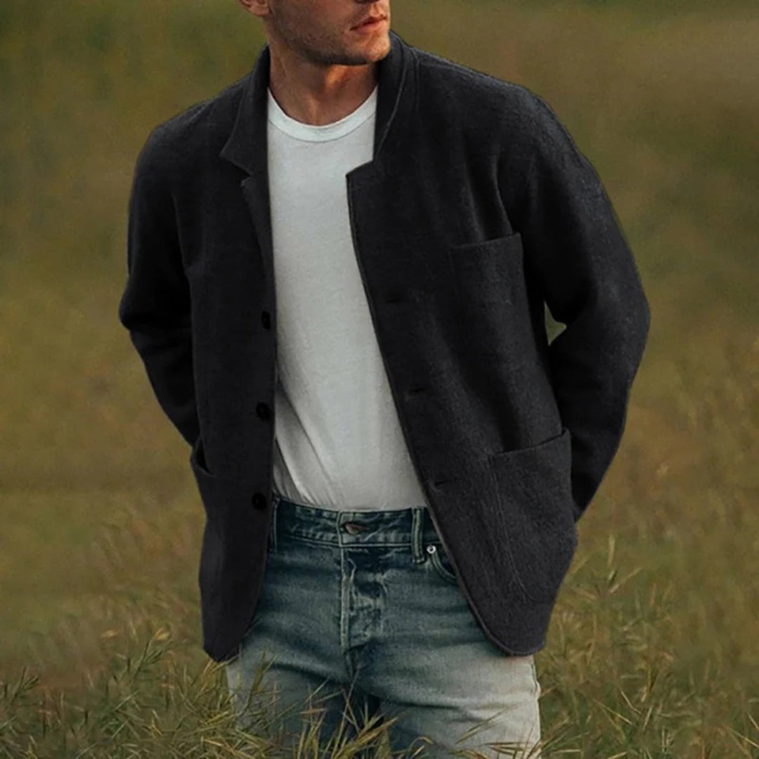 Versatile men's button-up cardigan, ideal for layered all-season casual fashion, featuring a notched lapel.