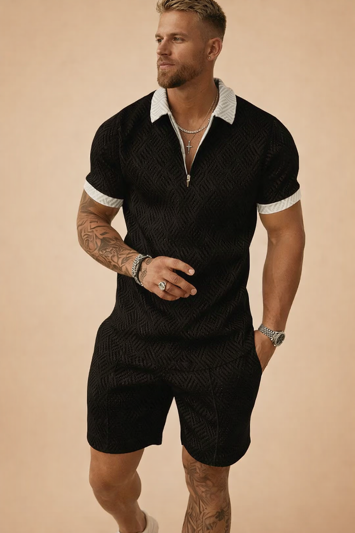 Men's textured polo shirt & tailored shorts set in summer style for casual wear.