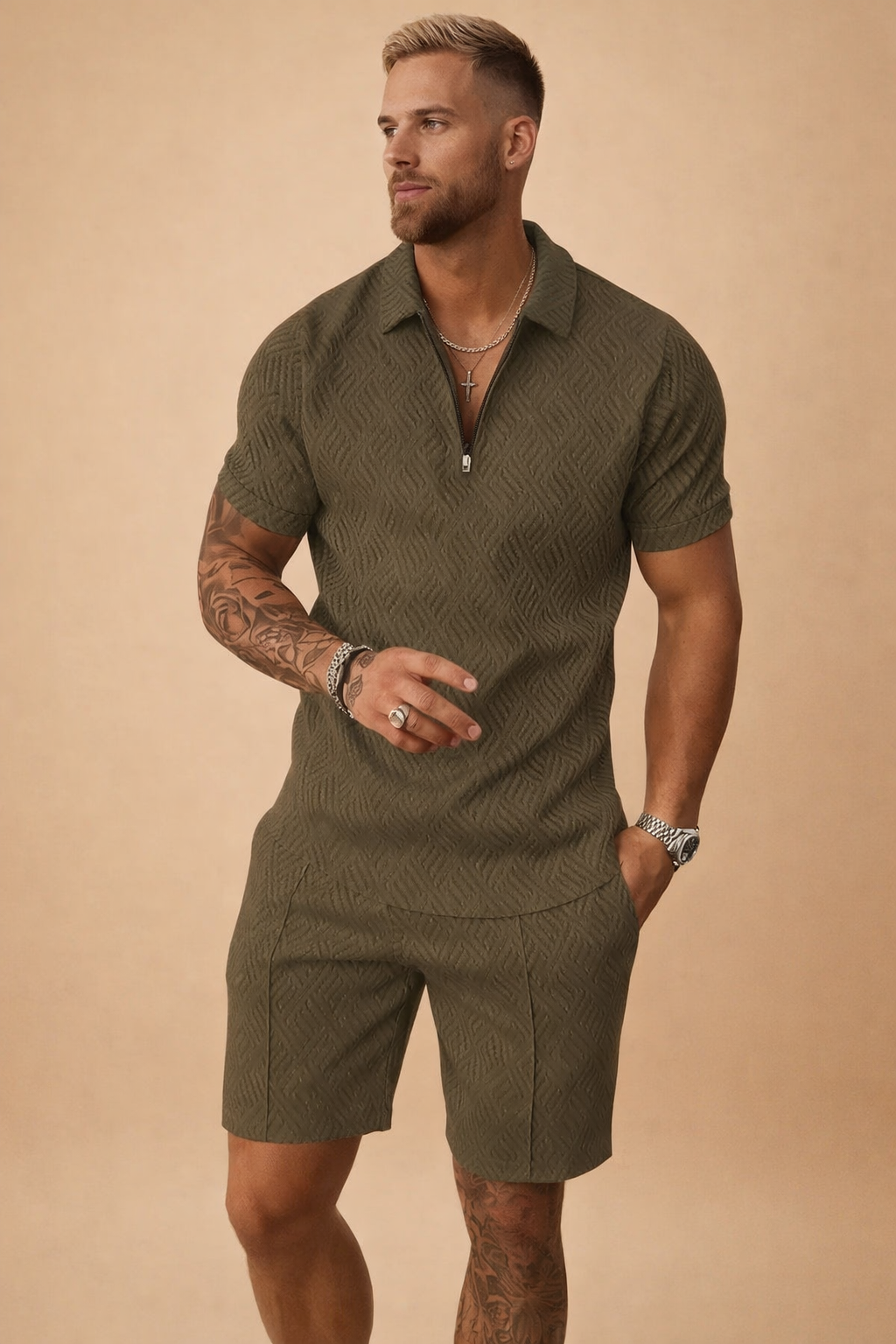Stylish men's coordinated textured polo & tailored shorts for warm weather fashion.