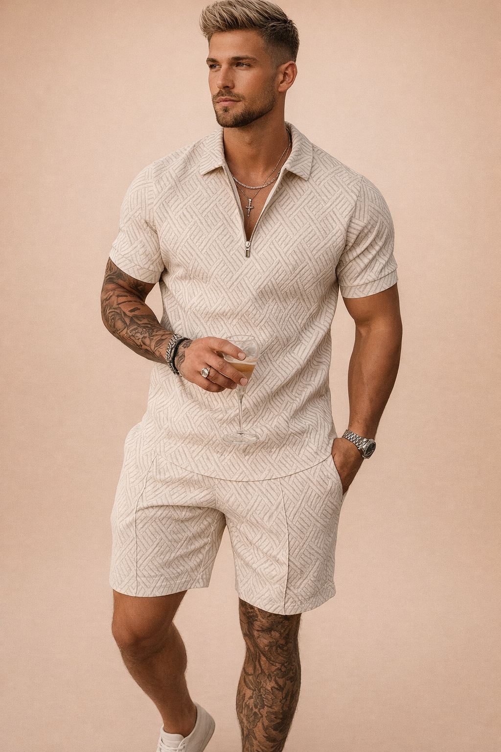Men's casual summer set: breathable textured polo and comfortable tailored shorts.