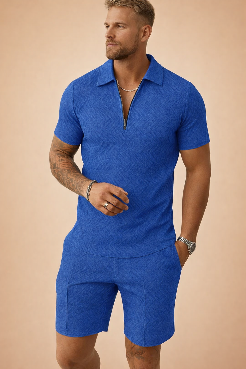 High-quality men's textured polo shirt & tailored shorts set, a versatile summer outfit.