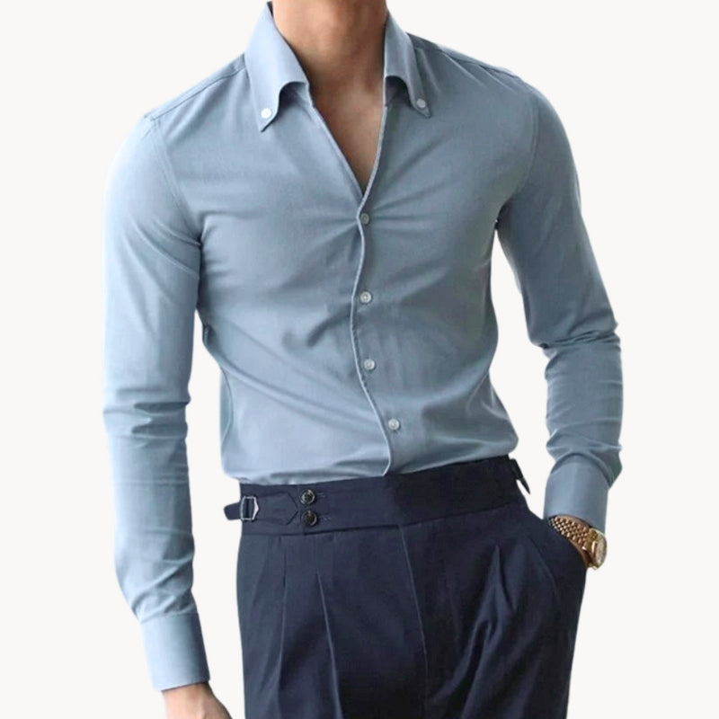 Men's tight slim fit long sleeve shirt, perfect for a sleek, modern look. Versatile business casual wear.