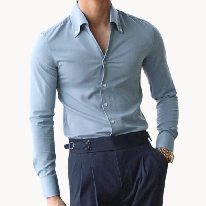 Men's tight slim fit long sleeve shirt, perfect for a sleek, modern look. Versatile business casual wear.