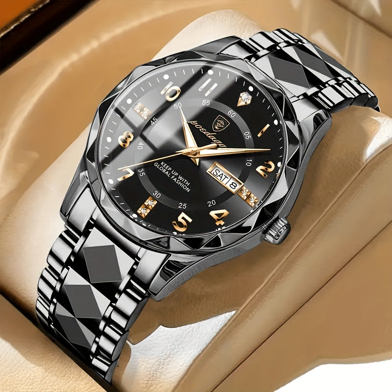 Close-up showing the tough titanium casing of the men's sports watch with dual display.