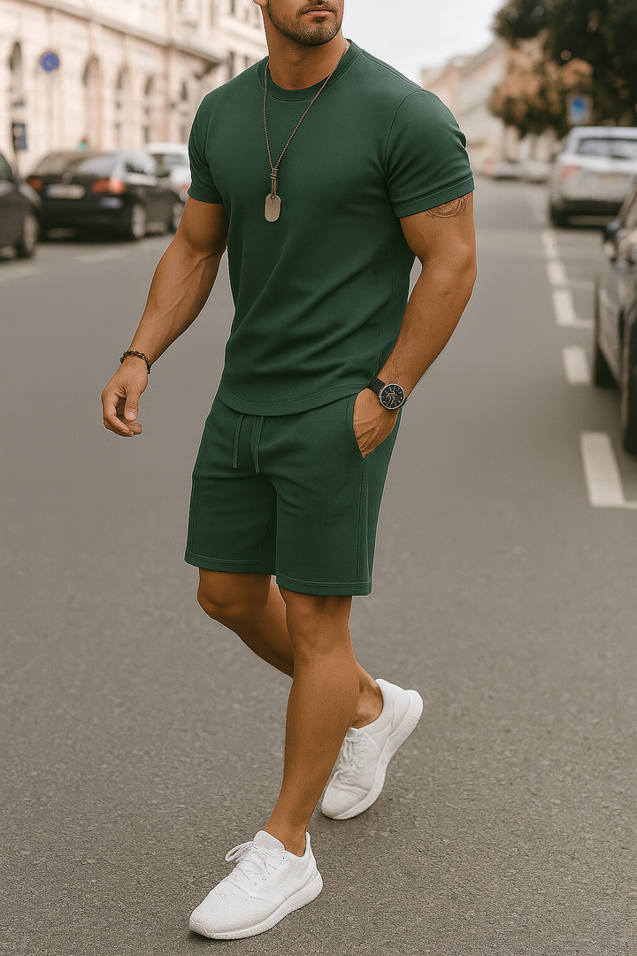 Men's two-piece summer set with casual t-shirt & athletic shorts, perfect for coordinated lounge wear.