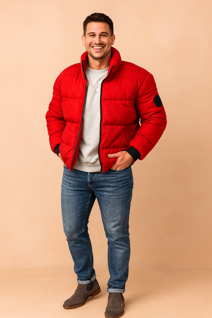 Versatile men's cold weather puffer jacket with a modern urban look. Quilted design ensures warmth & fashion.