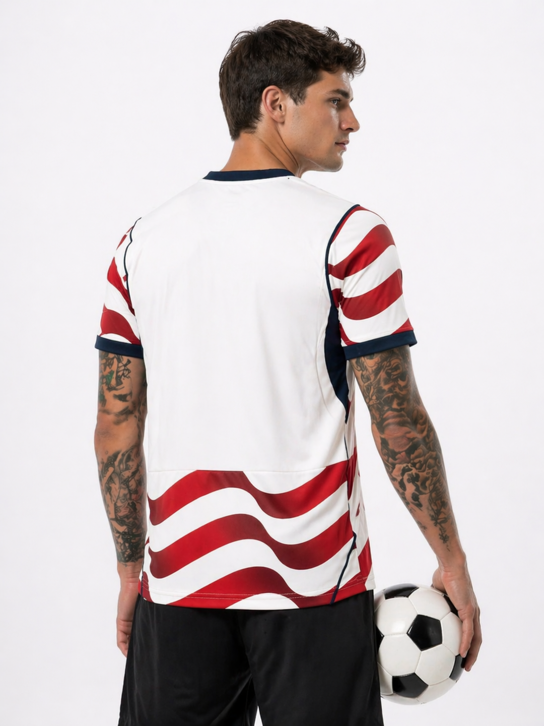 Close-up of Men's Team USA Soccer World Cup 2026 jersey. Features patriotic design & athletic apparel for fans.
