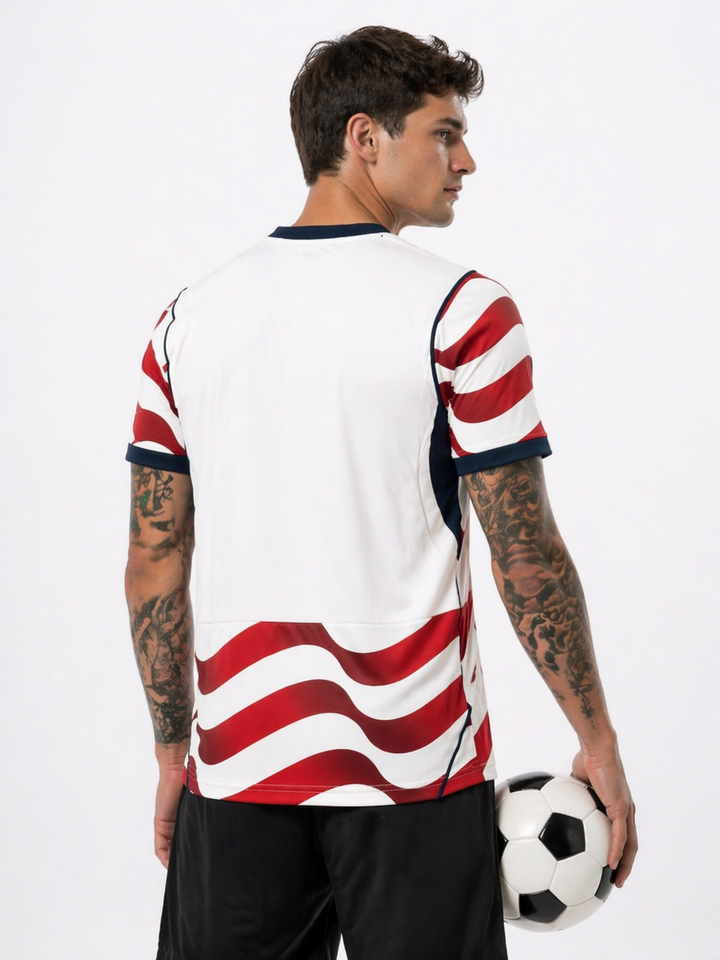 Close-up of Men's Team USA Soccer World Cup 2026 jersey. Features patriotic design & athletic apparel for fans.