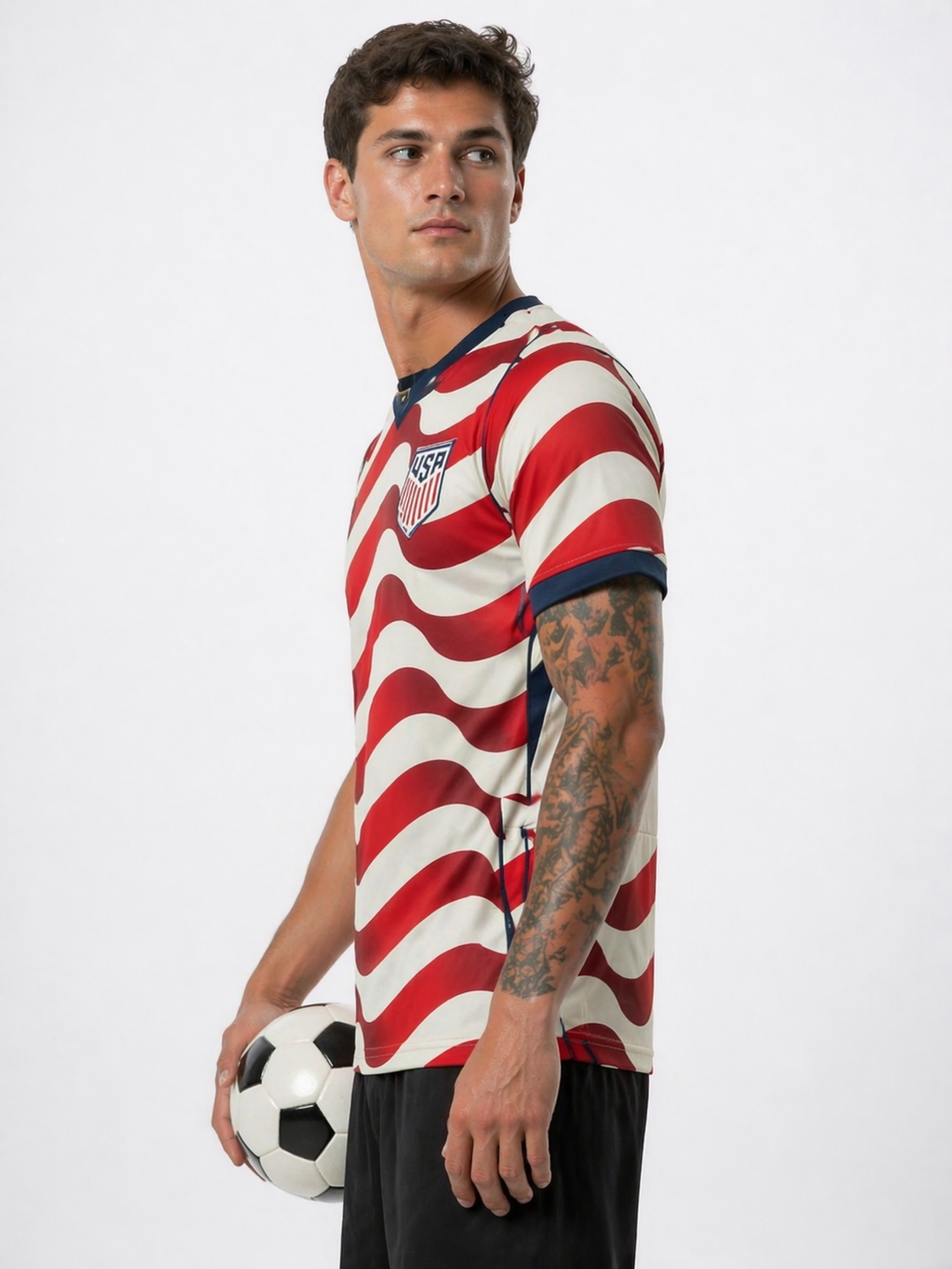 Man wearing USA Soccer World Cup 2026 fan jersey. Showcases athletic apparel and pride for Team USA soccer.