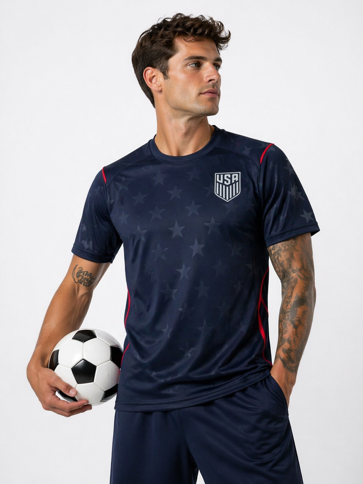 Back view: Men's USA Soccer World Cup 2026 jersey. Breathable fabric, Team USA colors. Great football shirt for fans.