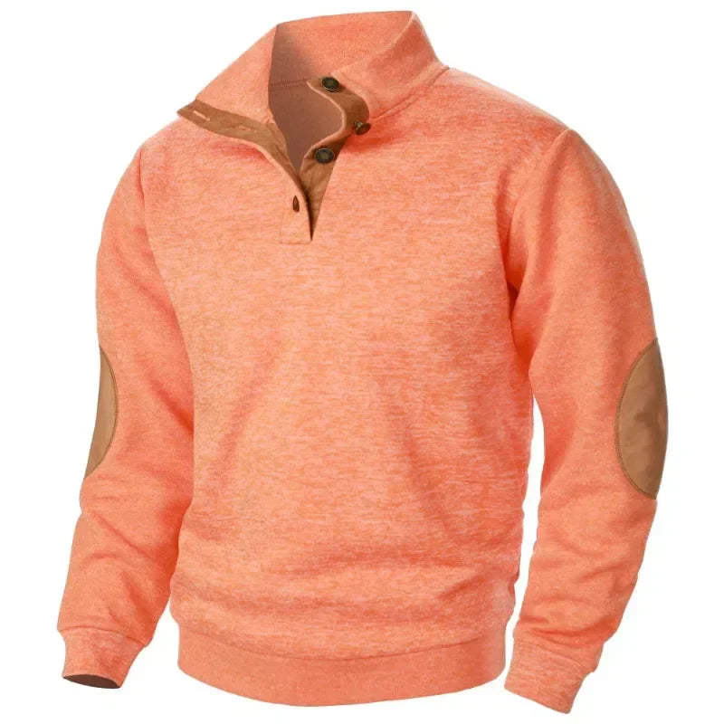 Close-up of a men's V-neck sweatshirt detail. Comfortable activewear for casual outdoor spring/autumn style.