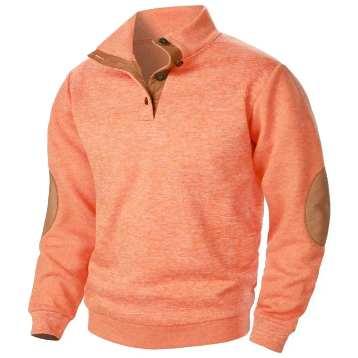 Close-up of a men's V-neck sweatshirt detail. Comfortable activewear for casual outdoor spring/autumn style.