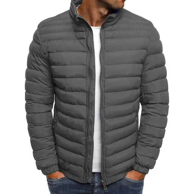 Stylish men's mid-season jacket, ideal for layering; features a modern stand-up collar and lightweight design.