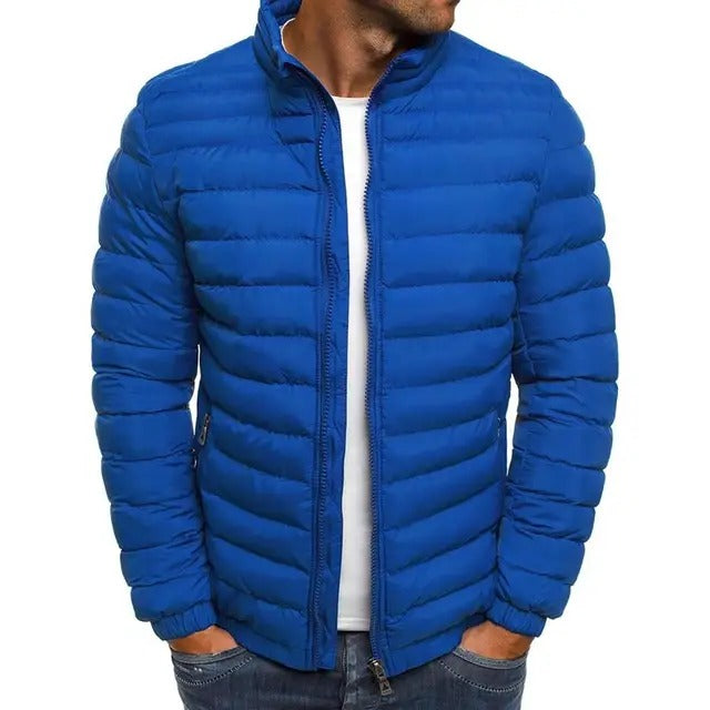 Modern men's mid-season jacket, new design featuring a practical stand-up collar; perfect versatile outerwear.