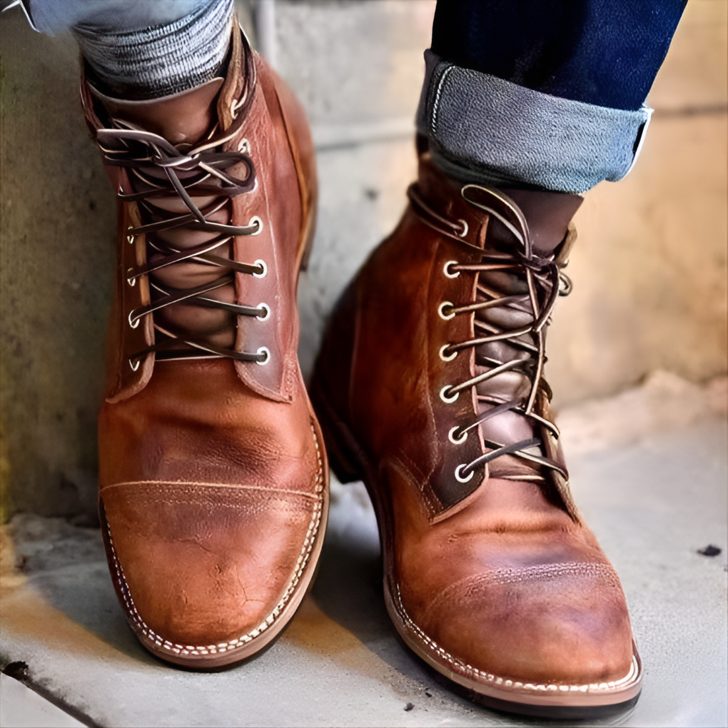 Men's vintage brown lace-up combat boots with rugged sole, offering timeless style and comfortable all-season wear.