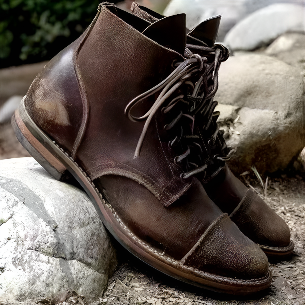 Stylish black men's vintage lace-up ankle boots, perfect for casual outfits or rugged workwear. Timeless comfort.