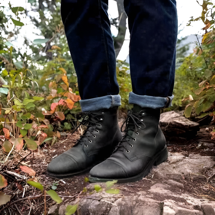 Rugged khaki men's vintage lace-up boots for all seasons. Durable combat style with timeless design and comfort.