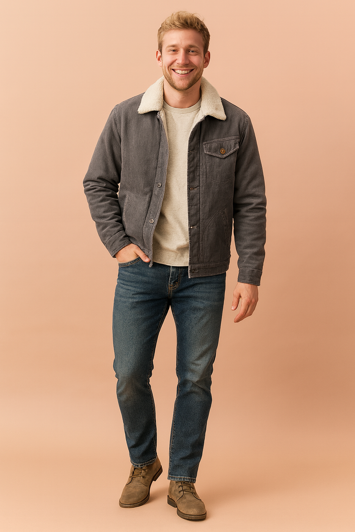 Men's vintage button-front insulated jacket for winter. Classic casual style, warm outerwear.