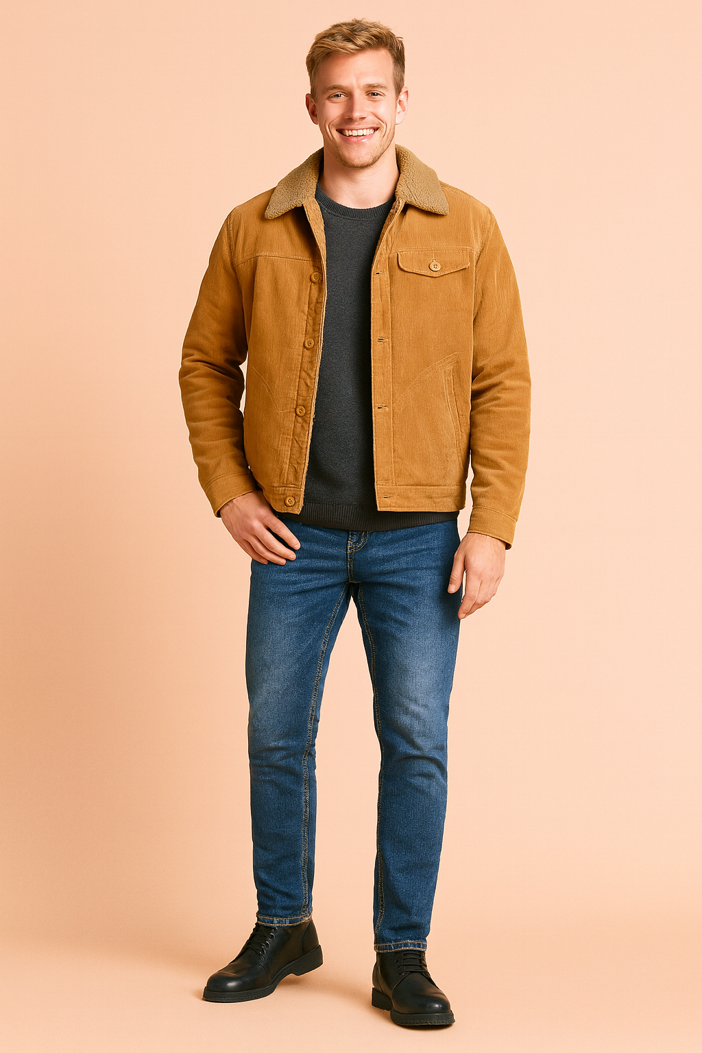 Warm insulated men's vintage jacket with button front. Perfect casual outerwear for fall and winter fashion.